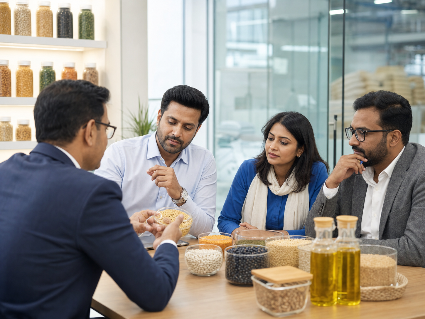 Commodity specialists reviewing grain and edible oil samples