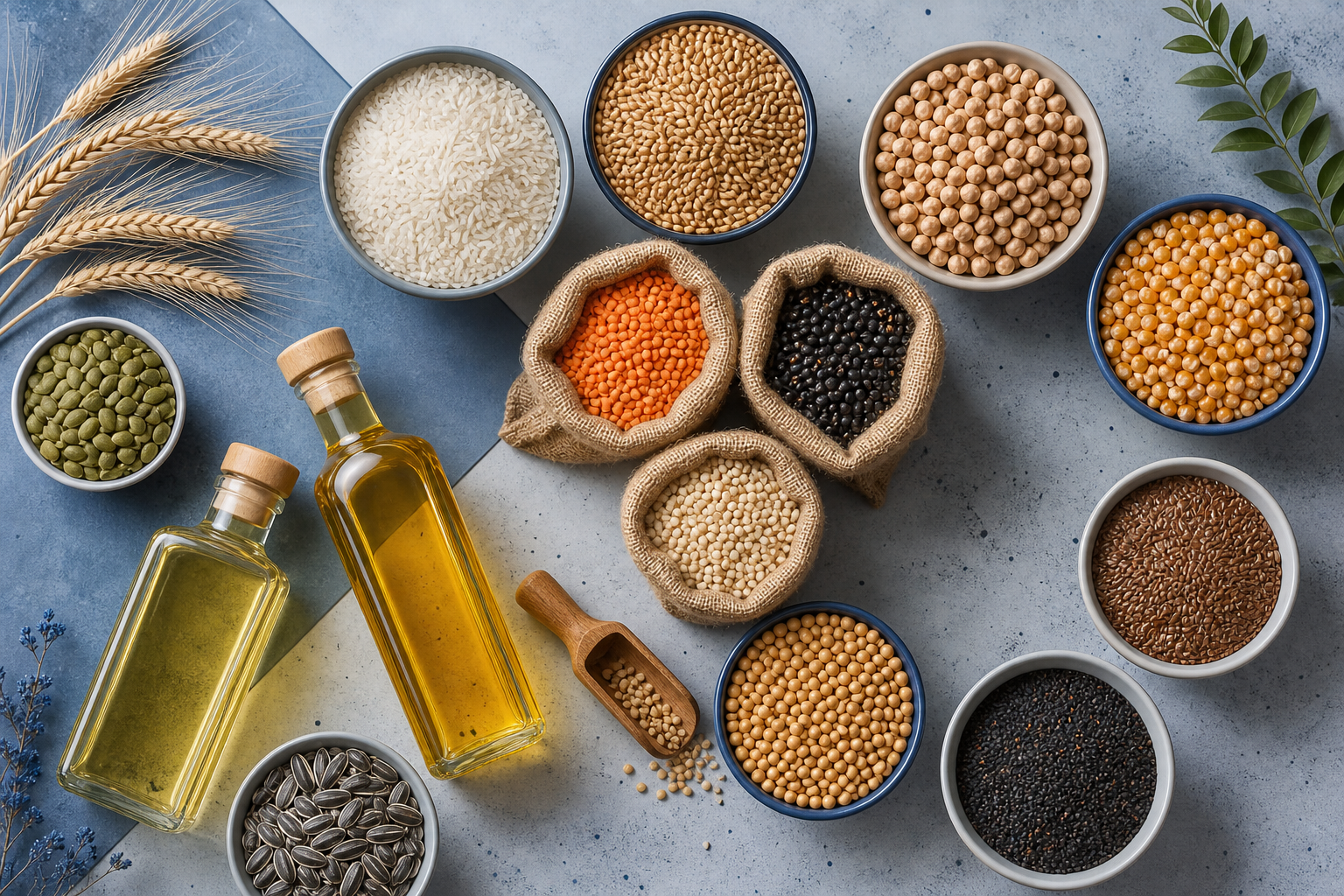 Selection of grains, pulses, oilseeds and edible oils